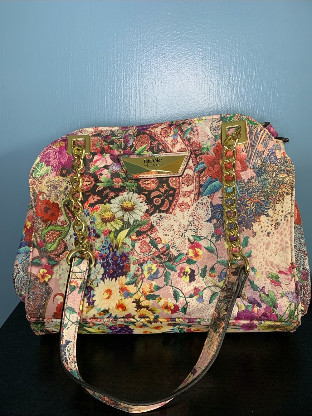 Nicole Miller Multicolor Floral Dome Satchel with Gold Chain Accents